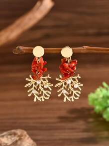 2 piezas Pendientes de bricolaje con incrustaciones de perlas falsas, corales rojos chapados en oro, cangrejo y estrella de mar de estilo marino clásico, adecuados para mujeres, uso en fiestas, vuelta al colegio y regalos festivos