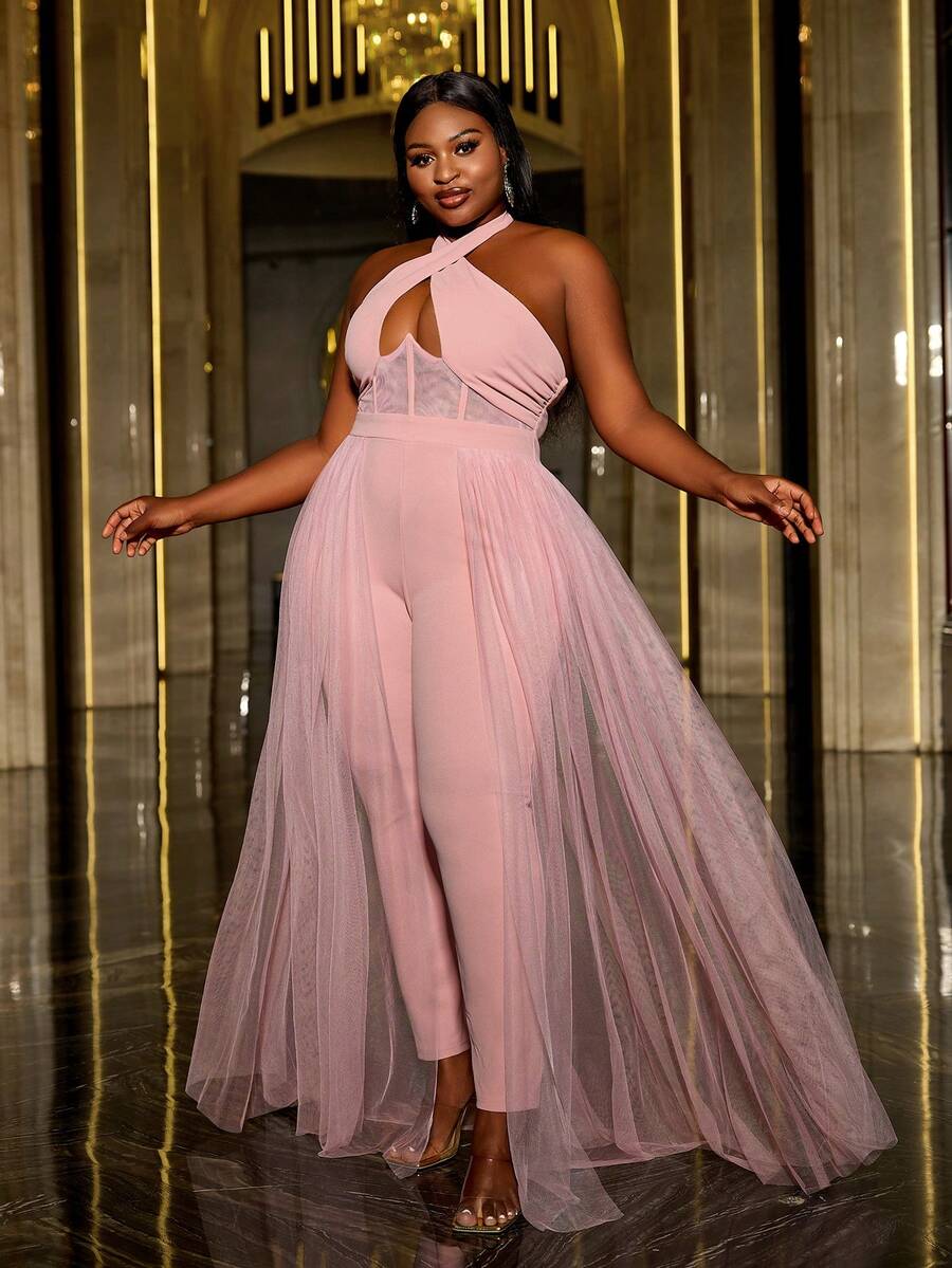 Plus Cross Wrap Backless Mesh Panel Halter Jumpsuit for Sale Australia
