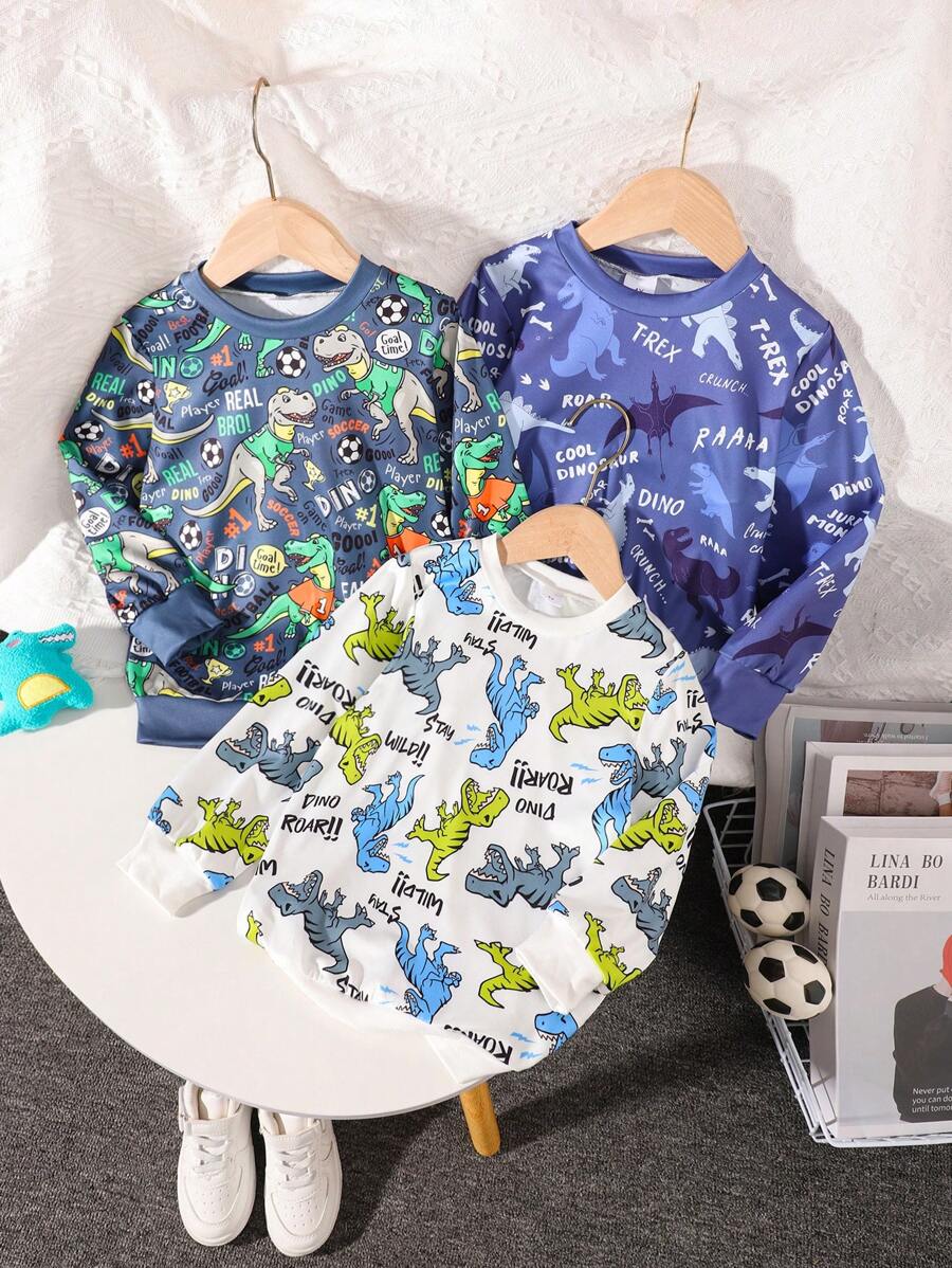 Bộ 3 áo nỉ và áo phông dài tay họa tiết khủng long cho bé trai, đồ len cổ tròn thường ngày, mùa xuân thu - Nhiều màu - Xem 1