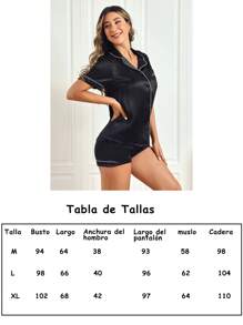 Conjunto de pijama de satén manga corta con botón para mujer, conjunto pijama para mujer ropa camisa shorts dormir verano - Negro - Ver 8