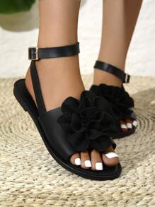 女士休闲平底花朵装饰系带凉鞋，适合春夏季装，露趾，适合户外、海滩、度假 - 黑色 - 查看 3