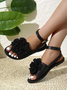 女士休闲平底花朵装饰系带凉鞋，适合春夏季装，露趾，适合户外、海滩、度假 - 黑色 - 查看 5