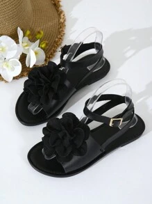 女士休闲平底花朵装饰系带凉鞋，适合春夏季装，露趾，适合户外、海滩、度假 - 黑色 - 查看 7