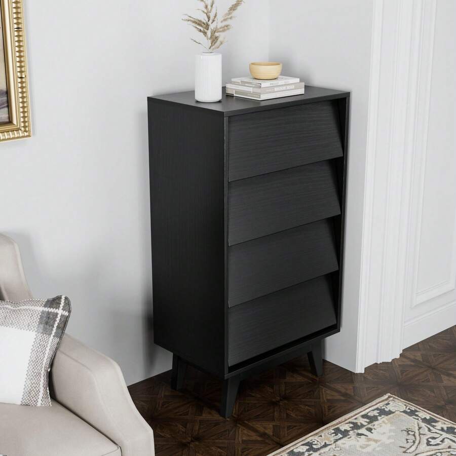 HomyGoods Furniture, 4 Drawer Double Dresser Features Vintage-Style And Bevel Design - Black + MDF - View 1