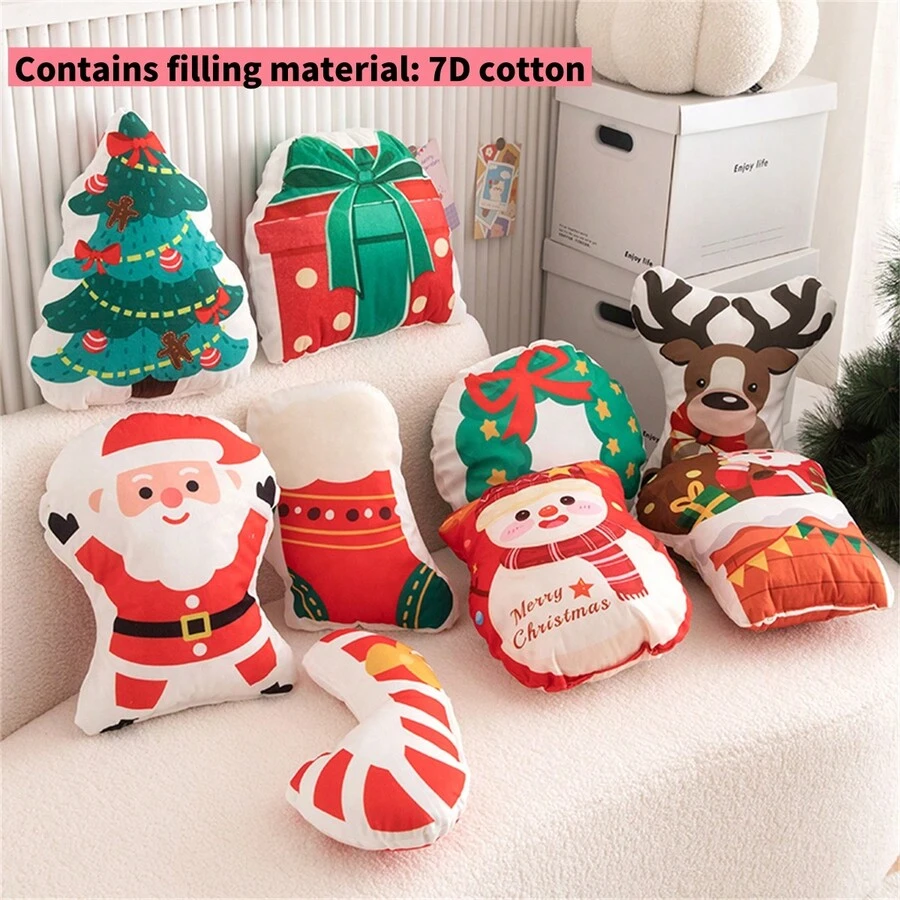 1 件卡通圣诞不对称枕头（带枕芯）由短毛绒涤纶纤维制成。双面柔软。适合家庭和户外装饰，是圣诞节气氛的必备品。9 种设计可供选择（圣诞老人、雪人、驯鹿、圣诞礼盒、拐杖糖、圣诞树、圣诞花环、圣诞袜）。可以接受单个或组合设计。非常适合作为圣诞派对礼物。 - 彩色 - 查看 1