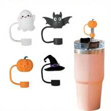 Set de 4 fundas de silicona para pajitas de fiesta de Halloween - 10mm/0.39in, diseños lindos de fantasma, murciélago, sombrero de bruja, calabaza - Ajuste para pajitas de 10mm - Reutilizables y duraderas