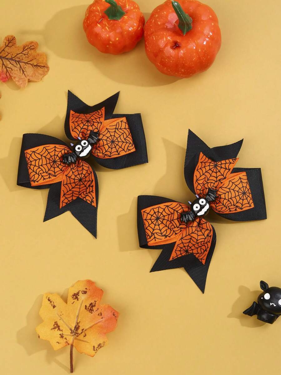 2pcs Halloween Spider Hair Bows For Women Grosgrain Ribbon Spider Web Pattern Alligator Clips Cosplay Pigtail Bows Costume Party Hair Clips Women Hair Accessories Halloween Pumpkin - Orange - View 1
