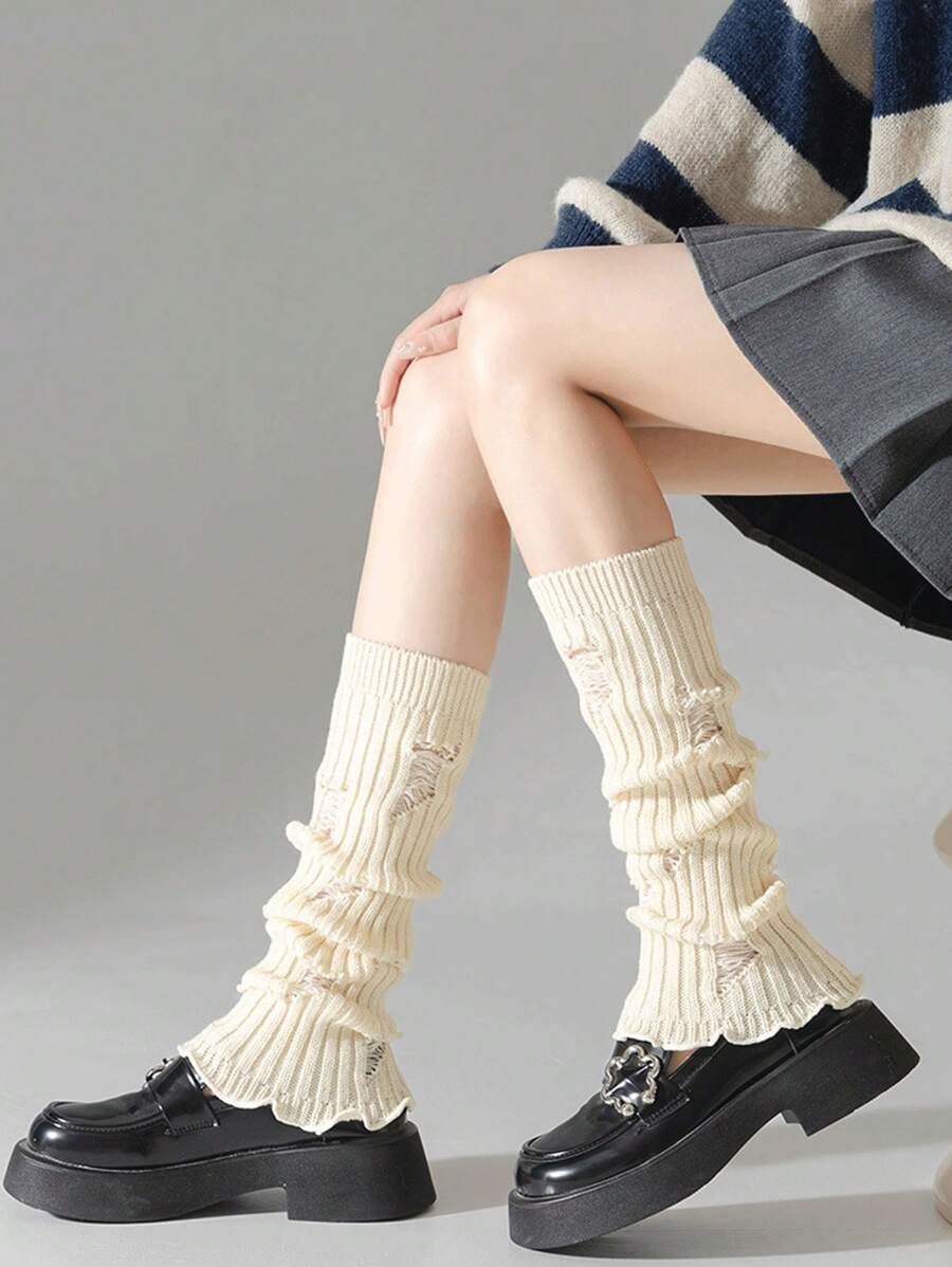1 Pair Of Autumn And Winter Fashion Cute Japanese Lolita Ripped Wooden Earrings Leg Warmers - Apricot - View 1