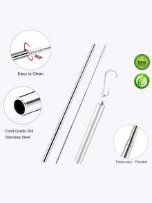 1pc Portable Collapsible Straw Set, Includes 304 Stainless Steel Reusable Straws, Storage Case, Cleaning Brush And Keychain - Multicolor - View 4