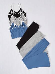 3pcs/Set Women Solid Color Ruffle Trim Bow Camisole Top & Pants Pajama Set - Multicolor - View 2
