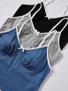 3pcs/Set Women Solid Color Ruffle Trim Bow Camisole Top & Pants Pajama Set - Multicolor - View 3