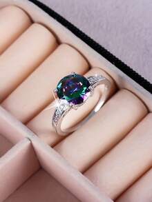 1 件优雅奢华闪亮经典圆形方晶锆石戒指，适合女性、情人节、约会、订婚、婚礼 - 方鋯 - 查看 3