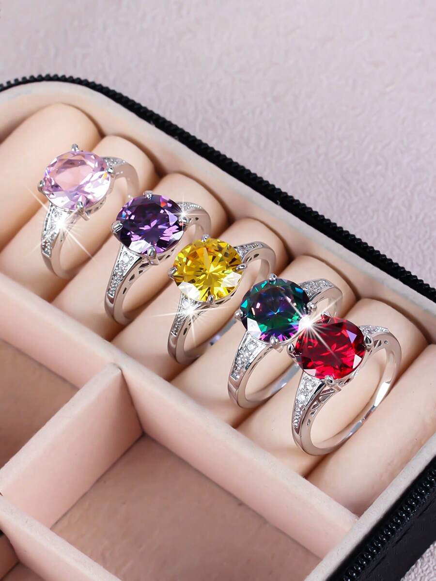 1 件优雅奢华闪亮经典圆形方晶锆石戒指，适合女性、情人节、约会、订婚、婚礼 - 方鋯 - 查看 1