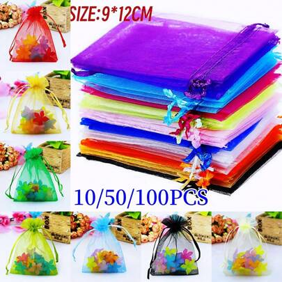 10/50/100pcs Organza Gift Bags, Christmas, Halloween, Valentine's Day, Wedding Party Favor Candy Bags, Gift Packaging Supplies, Size 9*12cm, Festival And Party Supplies, Jewelry Packaging Organza Bags Travel Storage Packaging Bags, Holiday Gift Bags, Fruit Anti-Insect Covers, Can Fit 1 Egg, Only Sell Packaging Bags, Not Include Other Items In The Photo, Real Object Photography, Handmade With Slight Size Variations, Christmas
