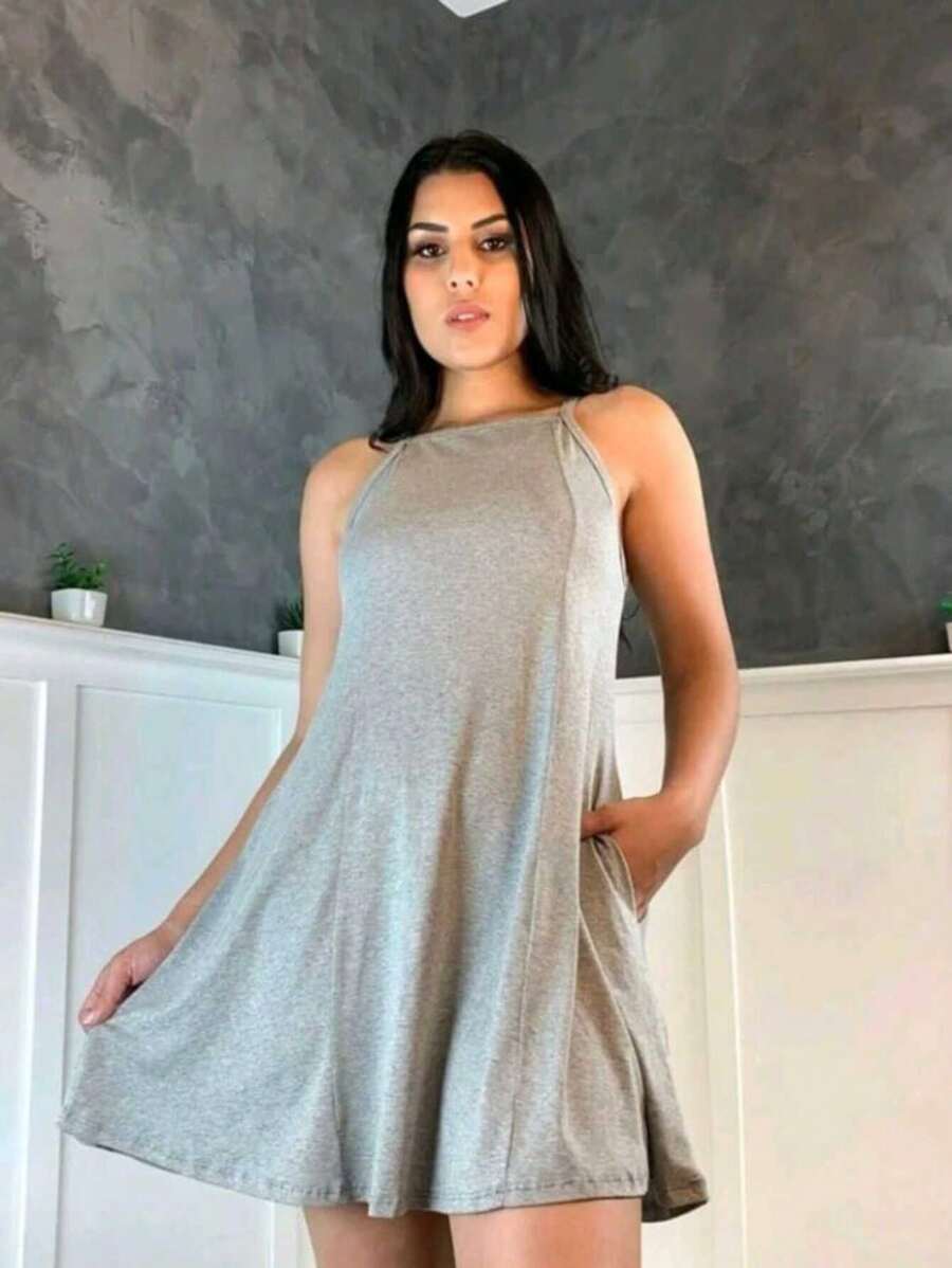 Women's Short Strap Dress With Side Pockets Luxury Top - Grey - View 1