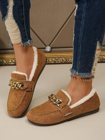 Women Flat Warm Indoor Slippers, Women Snow Boots Warm Plush Soft Sole Anti-Slip Warm Shoes, Lightweight Warm Boots, Loafers, Solid Color Warm Shoes, Chain Decorated Plus Size Warm Shoes, Furry Shoes