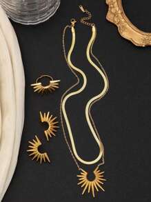 4pcs/Set Stainless Steel Sunflower Pendant Necklace + Earrings + Ring Jewelry Set, Suitable For Daily Wear, Gift For Holidays