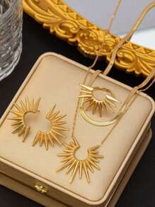 4pcs/Set Stainless Steel Sunflower Pendant Necklace + Earrings + Ring Jewelry Set, Suitable For Daily Wear, Gift For Holidays