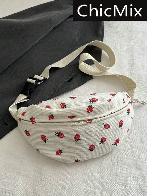 Bolsa de cintura leve feminina com estampa de morango contrastante da moda, bolsa casual de peito com zíper trançado, adequada para compras, carteiras, compras, mulheres jovens, estudantes universitárias, recém-chegadas e trabalhadores de colarinho branco. Elas são muito adequadas para escritórios, universidades, trabalho, negócios, deslocamento, atividades ao ar livre, viagens e passeios
