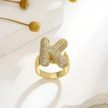 1 chiếc nhẫn hở 26 chữ cái tiếng Anh thời trang phong cách đơn giản châu Âu và Mỹ màu vàng đồng đá Cubic Zirconia Rhinestone hiệu ứng 3D - Vàng - Xem 24