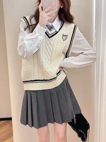 Women College Style Contrast Trim V-Neck Sweater Vest - Beige - View 3