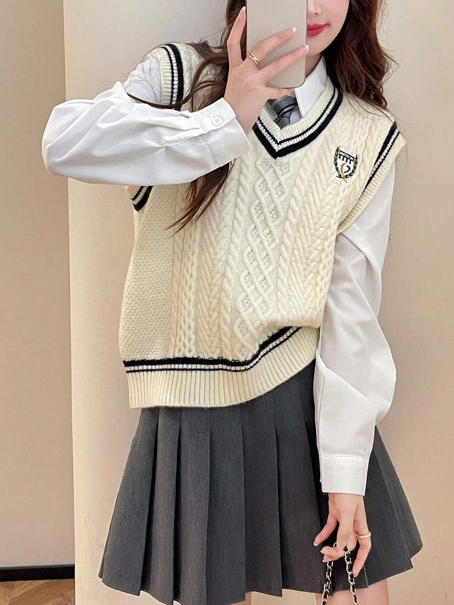 Women College Style Contrast Trim V-Neck Sweater Vest - Beige - View 1