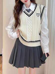 Women College Style Contrast Trim V-Neck Sweater Vest - Beige - View 4