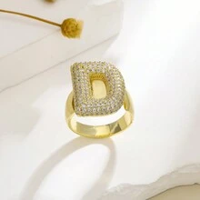 1 chiếc nhẫn hở 26 chữ cái tiếng Anh thời trang phong cách đơn giản châu Âu và Mỹ màu vàng đồng đá Cubic Zirconia Rhinestone hiệu ứng 3D - Vàng - Xem 21