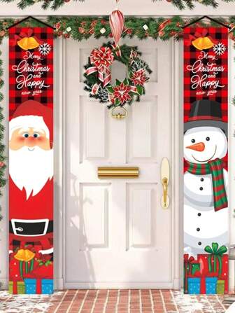 1 Pair Of Christmas Porch Hanging Decor Banner, Happy Christmas Party Decorations, Ideal For Porch, Yard, Garage And Home,Christmas