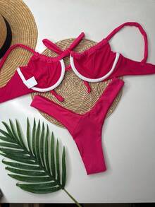 Retro Half Cup Bikini Set With Plain Pink Bow - 玫紅色 - 查看 2