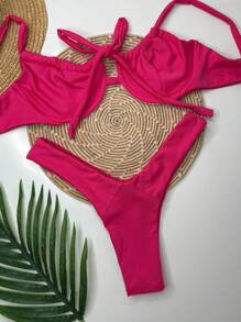 Retro Half Cup Bikini Set With Plain Pink Bow - 玫紅色 - 查看 1