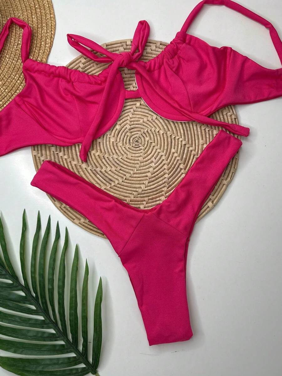 Retro Half Cup Bikini Set With Plain Pink Bow - 玫紅色 - 查看 1
