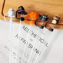 Set de 4 fundas de silicona para pajitas de fiesta de Halloween - 10mm/0.39in, diseños lindos de fantasma, murciélago, sombrero de bruja, calabaza - Ajuste para pajitas de 10mm - Reutilizables y duraderas
