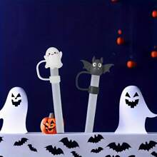 Set de 4 fundas de silicona para pajitas de fiesta de Halloween - 10mm/0.39in, diseños lindos de fantasma, murciélago, sombrero de bruja, calabaza - Ajuste para pajitas de 10mm - Reutilizables y duraderas
