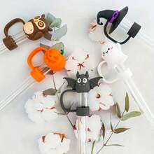 Set de 4 fundas de silicona para pajitas de fiesta de Halloween - 10mm/0.39in, diseños lindos de fantasma, murciélago, sombrero de bruja, calabaza - Ajuste para pajitas de 10mm - Reutilizables y duraderas