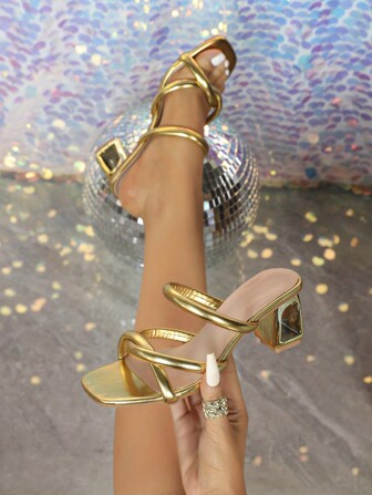 Women's Summer Fashion Gold Thick Heeled Mule Square Toe High Heeled Sandals, Suitable For Party. Open-Toe Design Is Charming, Suitable For Indoor, Outdoor, Formal Events And Daily Wear