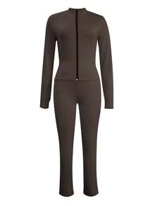 LovelyWholesale Set di top e pantaloni casual da donna, semplice e alla moda, per uso quotidiano, con collo alla coreana, maniche lunghe e cerniera, adatto per la primavera e l'autunno