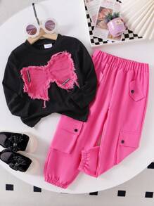 2 件套年轻女孩休闲蝴蝶贴花罗纹针织上衣和多口袋裤子套装，春秋 - 黑色 - 查看 1