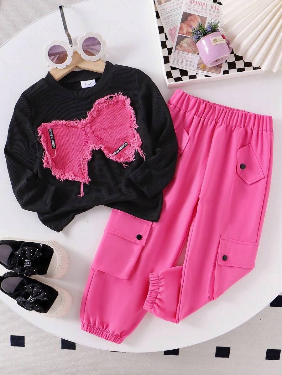 2 件套年轻女孩休闲蝴蝶贴花罗纹针织上衣和多口袋裤子套装，春秋 - 黑色 - 查看 1