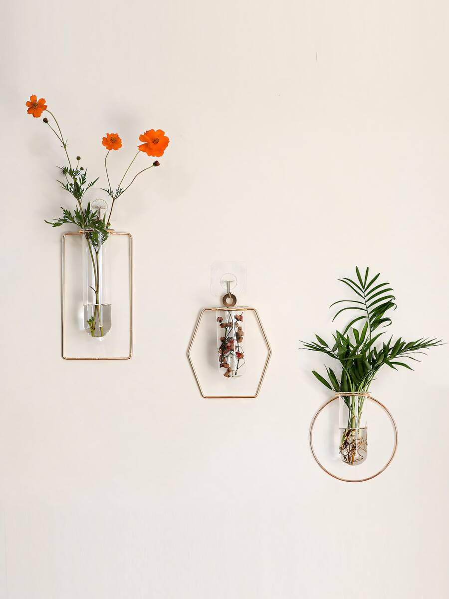 1pc Nordic Style Geometric Glass Tube Wall Hanging Vase, Iron & Glass, For Living Room, Kitchen, Bathroom Decor, Spring Summer - Multicolor - View 1