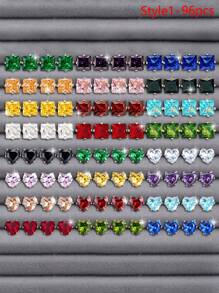 24pcs/48pcs/96pcs Minimalist Colorful Cubic Zirconia Stud Earrings Set For Women, Suitable For Date, Party, Commute, Casual Daily Wear