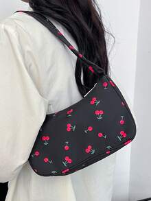 2024 New Black Handbag For Women, Fashion Cherry Print Pattern, Lightweight Versatile Shoulder Bag, Fresh Look Underarm Bag - Black - View 7
