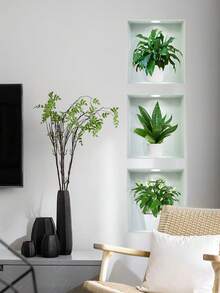 1 套 3 件创意 3D 盆栽植物三联画墙壁艺术适用于客厅、走廊、沙发背景装饰墙贴 - 彩色 - 查看 5