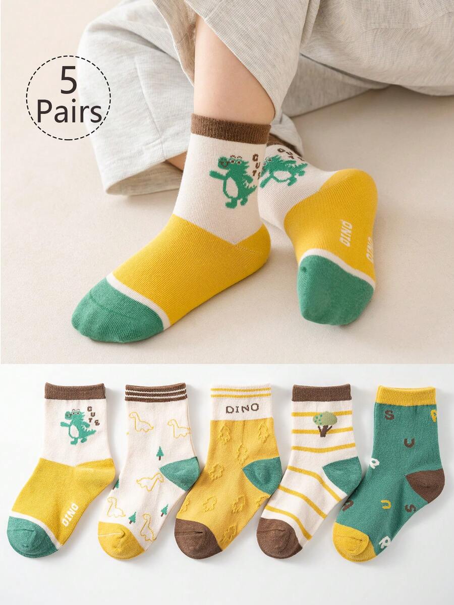 5 paia/confezione Calzini a costine da ragazzo con stampa di cartoni animati, lettere, strisce e dinosauri - adatti per uso quotidiano, scuola, look alla moda, tutte le stagioni - Multicolore - Visualizzare 1