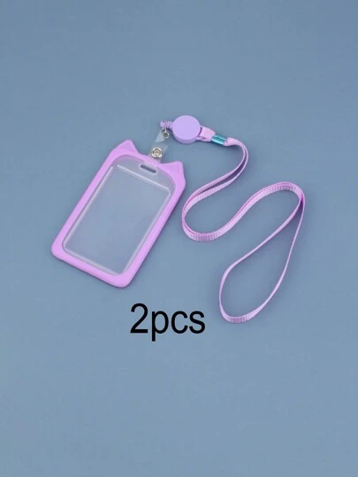 1入組透明素色兔耳裝飾名片夾帶掛繩簡約便攜名片夾學校學生