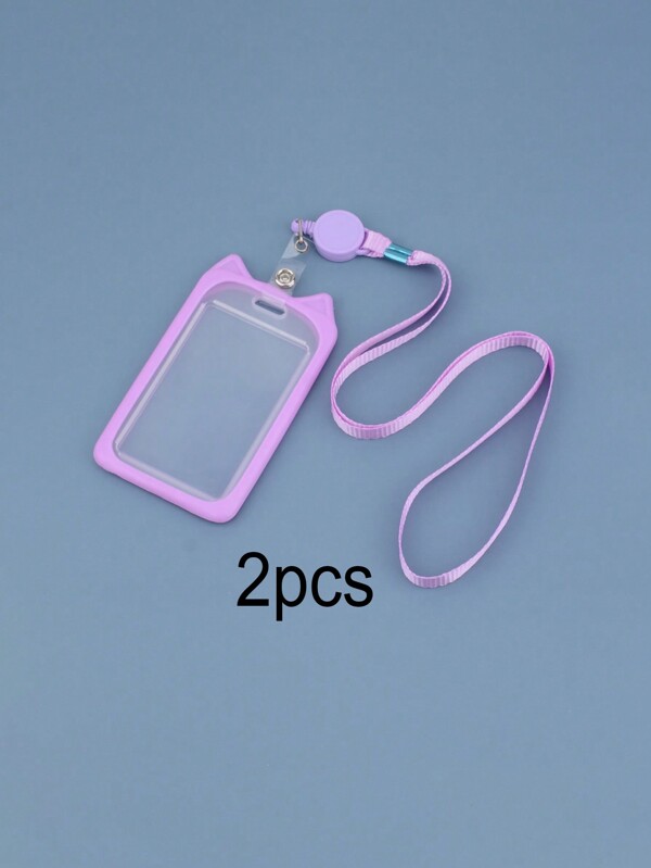 1入組透明素色兔耳裝飾名片夾帶掛繩簡約便攜名片夾學校學生