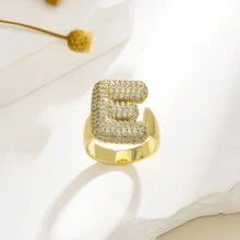 1 chiếc nhẫn hở 26 chữ cái tiếng Anh thời trang phong cách đơn giản châu Âu và Mỹ màu vàng đồng đá Cubic Zirconia Rhinestone hiệu ứng 3D - Vàng - Xem 30