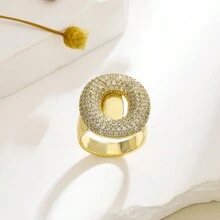 1 chiếc nhẫn hở 26 chữ cái tiếng Anh thời trang phong cách đơn giản châu Âu và Mỹ màu vàng đồng đá Cubic Zirconia Rhinestone hiệu ứng 3D - Vàng - Xem 25
