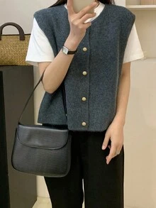 Alicedudu 女式休闲复古简约圆领纯色毛衣背心，秋冬