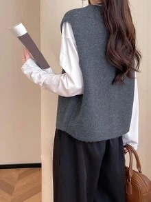 Alicedudu 女式休闲复古简约圆领纯色毛衣背心，秋冬